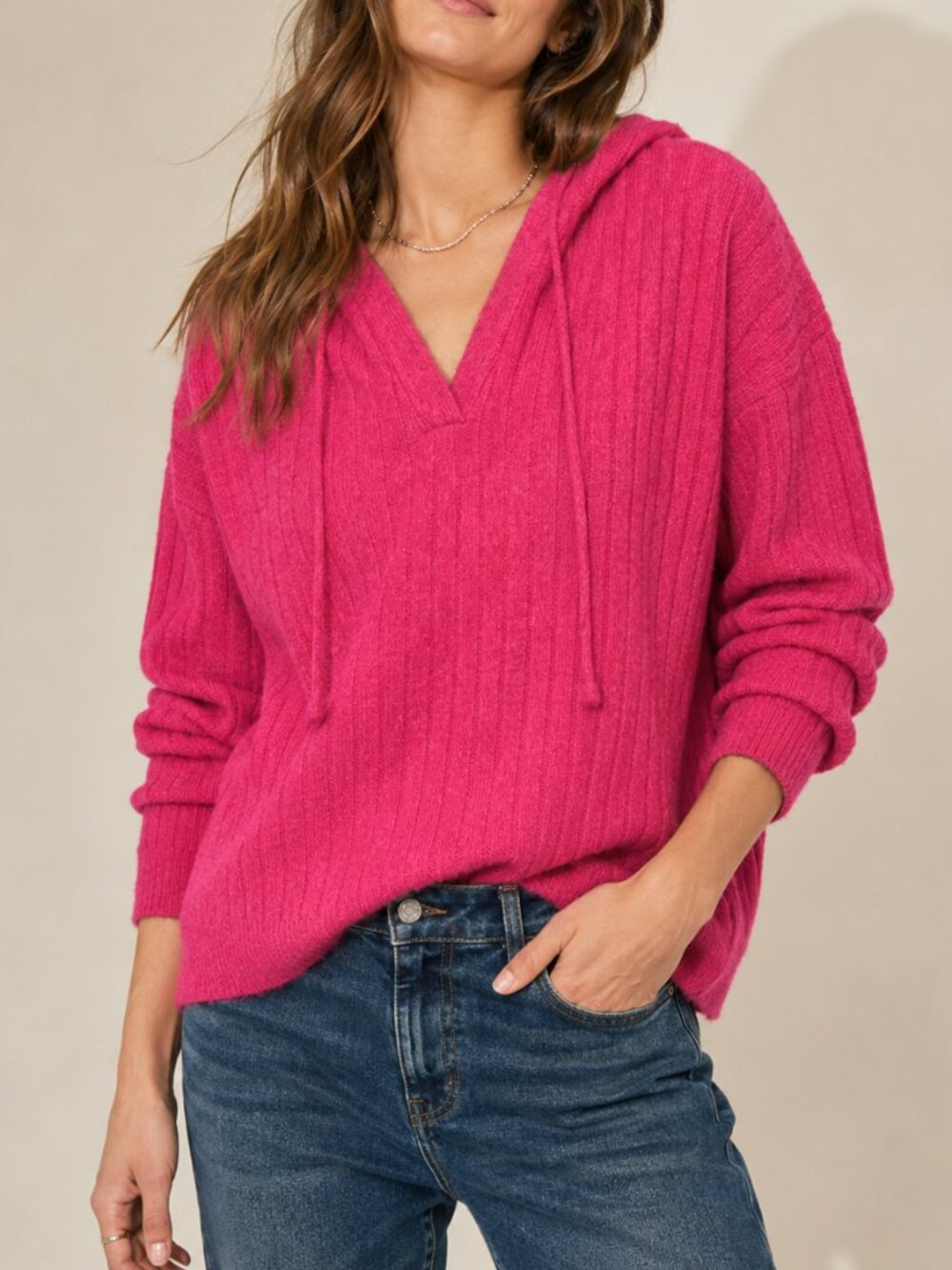 Lucky Brand Pink Power Pullover Ribbed Hoodie Large